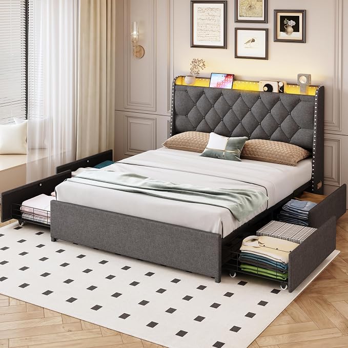 Full Size Bed Frame with 4 Drawers and Storage Headboard, Upholstered Button Linen Platform Full Bed with Led Lights and Handy Charging Station, No Box Spring Needed, Easy Assembly, Noise Free, Gray