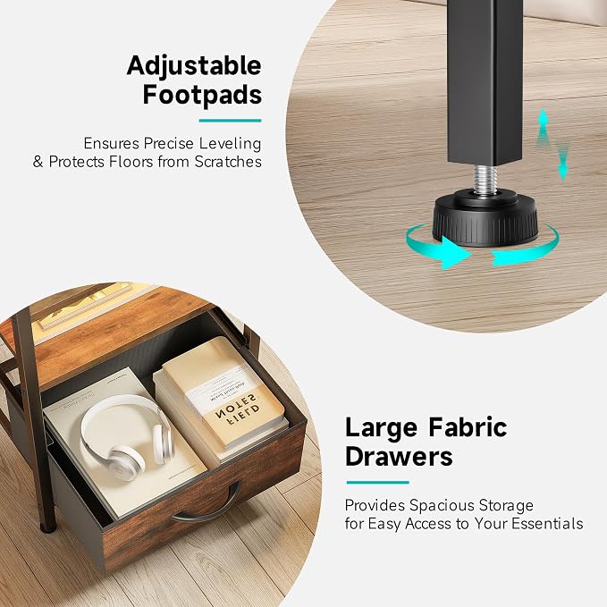 Lazzanto Nightstand with Rear Charging Station, LED Light, 2 Drawers, Brown | Industrial Nightstand, 2 USB-A Ports & AC Outlets, Raised Back Guard, Fabric Storage Drawers, Bedside Table for Bedroom, Dorm
