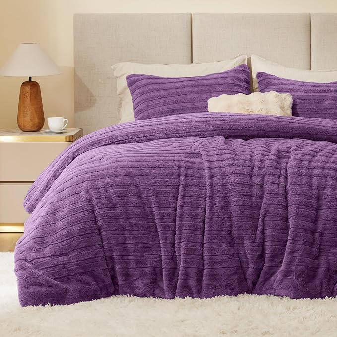 BEDELITE Faux Fur King Size Comforter Set, Fluffy Bed Set, Purple | Super Soft & Warm, Luxury Fuzzy Cozy Comforter for Winter, Heavy Plush Bed set, with 2 Pillowcases