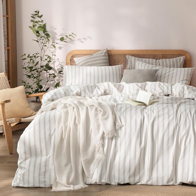 BESTOUCH Striped Cotton Duvet Cover Set Linen Feel Super Queen | 100% Washed Cotton, Soft Wrinkle Texture, Hidden Zipper, 8 Ties, Breathable Lightweight Durable Comfy, 3 Pcs No Insert