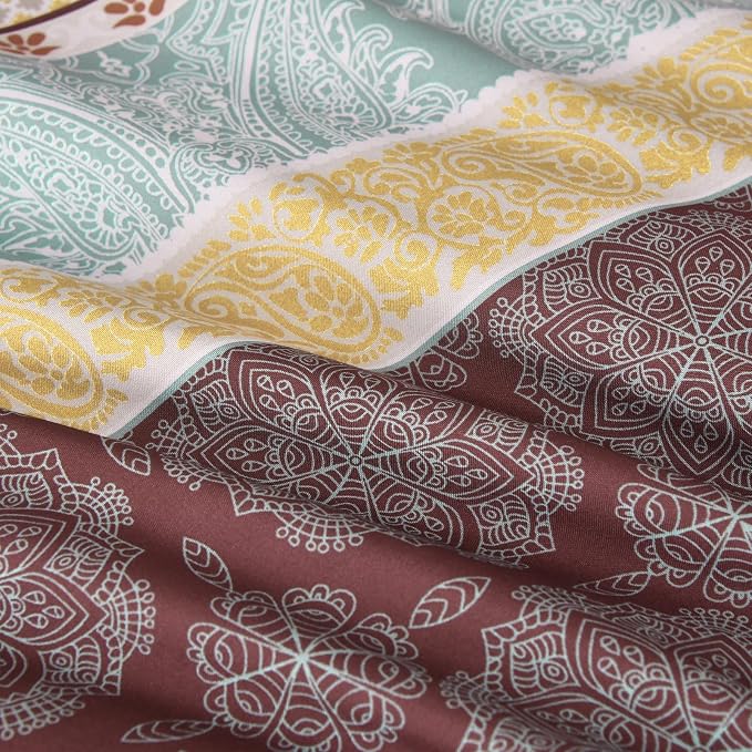 Cottolester Boho Comforter Set Queen Size,8 Pieces Red and Orange Bohemian Striped Bed in a Bag,Paisley Soft Microfiber Bedding Comforter Set