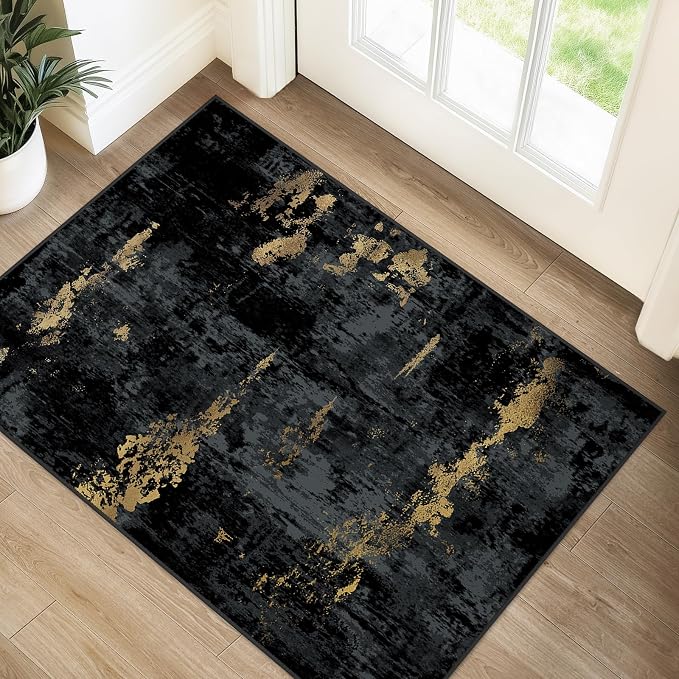 RELEANY Washable 2'x3' Abstract Area Rug for Living Room Black Gold | Carpet for Bedroom, Kitchen, Office, Hallway and Entryway, Printed Pattern, Non‑Slip, Soft, Stain‑Resistant, Easy to Clean