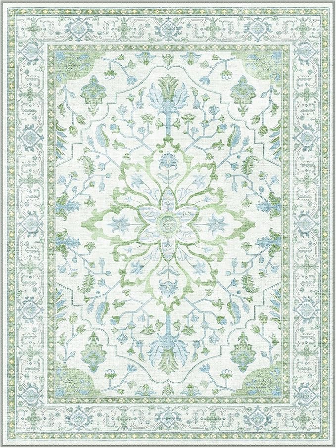 RELEANY Washable Area Rug, Small 2'x4', Green/White/Blue | Non-Slip, Water Repellent, Pet Friendly, Easy to Clean, Vintage Floral Boho Decor for Kitchen Entryway Bathroom