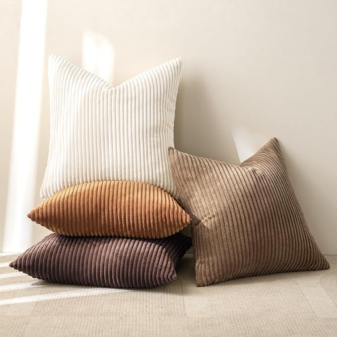 MIULEE Fall Corduroy Decorative Throw Pillow Covers Brown Series 18x18 | Set of 4, Mordern Rustic Fall Decor, Layered Brown Collection, Boho Farmhouse Cushion Covers for Couch Bed Sofa Living Room