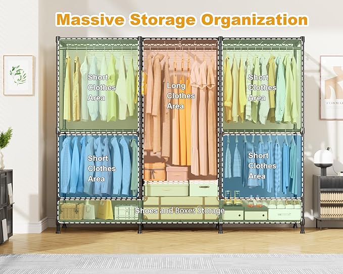 ULIFHOME E14C Pro Heavy Duty Closet Organizer System，Freestanding Clothing Racks for Hanging Clothes，Adjustable Garment Rack 69" W × 16" D × 77" H Hold 960 lbs，Black Rack with Black Dustproof Cover