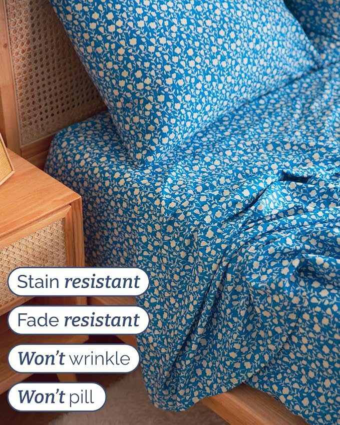 Twin 3 Piece Floral Sheet Set - Breathable & Cooling - Blue Cornflower | 1 Flat, 1 Fitted & 1 Pillowcase w/ Deep Pockets, Boho Botanical Floral Bedding, Breathable & Cooling, Wrinkle & Fade Free