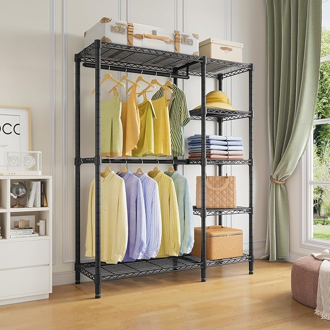 VIPEK V7 Clothes Rack with Shelves Heavy duty Closet for Hanging Clothes | 5 Tiers Adjustable Wire Shelving, Double Hanging Rods, 670lbs Metal Closet System, Space-Saving Storage for Home, Black