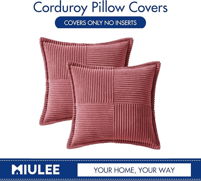 MIULEE Decorative Throw Pillow Covers for Couch 18x18 Inch Cranberry Red | Boho Broadside Striped Patchwork Pillow Covers, Soft Corduroy Cushion Cases, For Sofa Bed Livingroom Home Decor