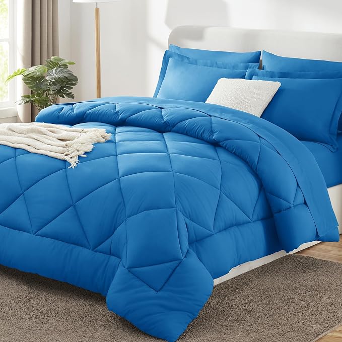 King Size Comforter Set Royal Blue - 7 Pieces Complete Bedding Set | OEKO-TEX Certified, All Season, 240GSM Down-Alternative Comforter, Sheets, Pillowcases & Shams, 14" Deep Pocket, Easy Care