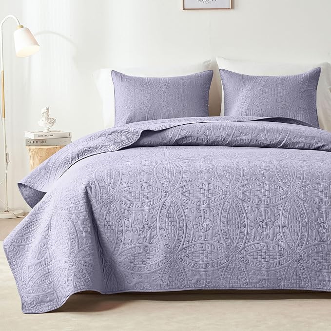 akkialla Lavender Full/Queen Quilt Set,Ultrasonic Lightweight Bedspread Coverlet for Modern Minimalist Bedroom,Soft Microfiber Coin Pattern Bedding,3-Piece (1 Quilt,2 Pillow Shams)