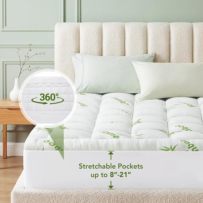 Full XL Size Mattress Topper Viscose Made from Bamboo, Extra Thick Quilted Pillow Top, Naturally Cooling & Breathable for Hot Sleepers, Back Pain Relief, Deep Pocket Skirt Fits 6-18", Green