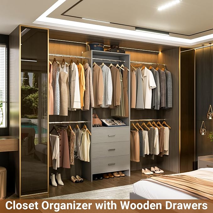 Aheaplus Closet System, 4.2-9Ft Closet Organizer with with 4 Rods, Grey | for Walk in Closet, Wardrobe Clothes Rack with Wooden Drawers, Garment Rack
