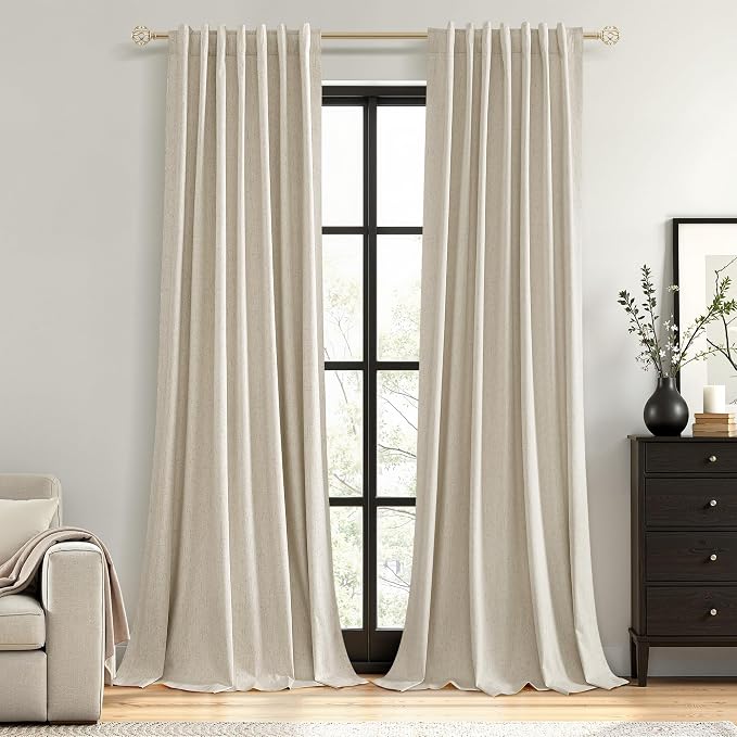 100% Blackout Linen Curtains for Bedroom 84 inches Long, Thermal Insulated Room Darkening Black Out Drapes for Living Room, Back Tab Rod Pocket 2 Panels Set,Taupe Burlywood,52x84