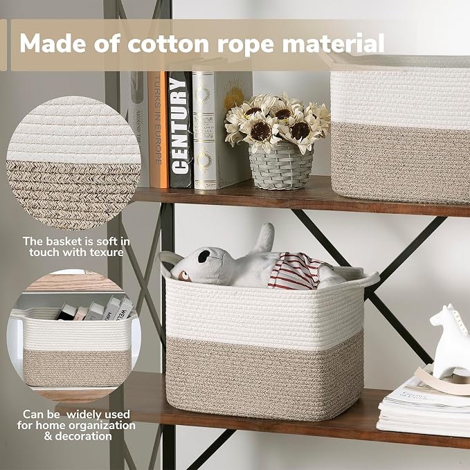Goodpick Woven Storage Basket for Shelves, 13" x 10" x 9", Light Brown | Stylish Gift Basket for Home Decor, Cotton Rope Baskets for Books & Towels Storage, Nursery & Bedroom Closet Organization