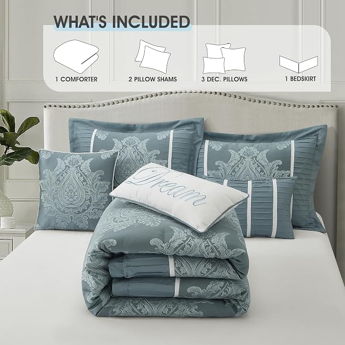 Blue California King Comforter Set 7 Pieces, Jacquard Woven with Damask, Bedding Set in a Bag Includes Comforter, Bed Skirt, Pillow Shams, and Decorative Pillows