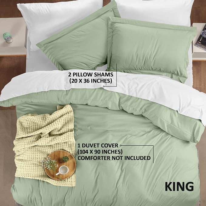 Duvet Cover King, 3 Piece Cotton Like Polyester With Zipper Closure, Sage | Extra Soft and Breathable, Wrinkle & Fade Resistant, Includes Duvet Cover and 2 Pillow Shams, Comforter Not Included, OekoTex