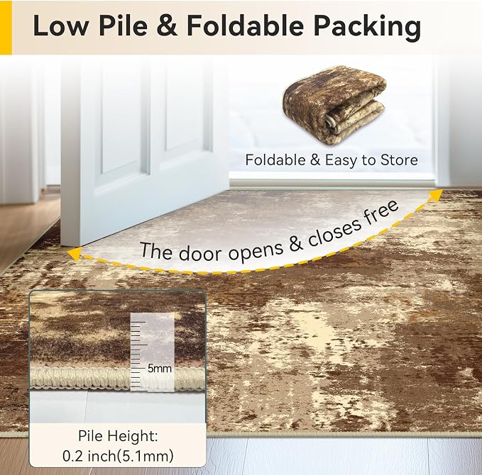 RELEANY Washable Square 8'x8' Area Rug for Living Room Brown Tan | Carpet for Bedroom, Kitchen, Office, Hallway and Entryway, Printed Pattern, Non‑Slip, Soft, Stain‑Resistant, Easy to Clean
