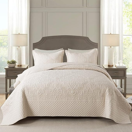 Quilt Bedspread Set, Beige Jacquard Embossed Floral Pattern Reversible Embroidered Microfiber Coverlet Sets, Queen Size