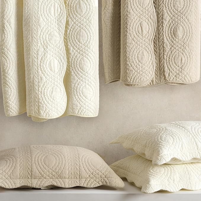 100% Cotton Scallop Quilt Set, Queen Size, Flax Beige | Scalloped Border, Timeless Chic Aesthetic, All-Season Comfort, Perfect French Country Bedroom Decor, 3 Piece Set with 2 Shams