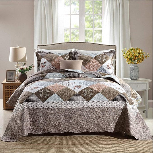 Quilt Bedspread Sets-Checkered Floral Reversible Coverlet Set,King Size