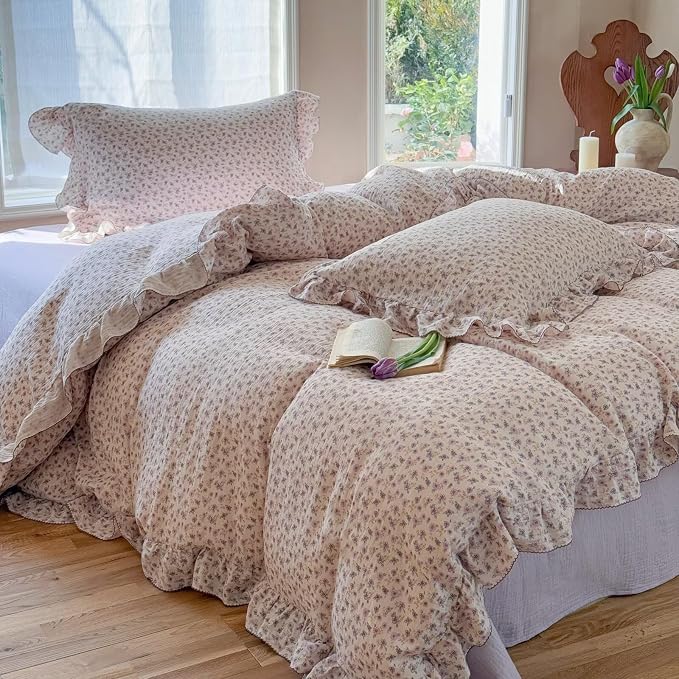 Vintage Purple Floral Duvet Cover Full Size, Cottage Quilt Cover with Ruffles Shabby Chic Kids Teens Bedding, Muslin Cotton Comforter Covers with Zipper Closure, No Pillow Cases