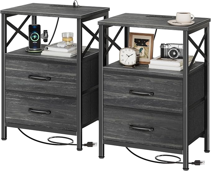 Huuger Nightstand Set of 2 with Charging Station, USB-C Port, End Tables | Night Stand with 2 Drawer Side Table with Open Shelf, Bedside Table for Small Spaces, X Shaped Side Rail, Charcoal Black