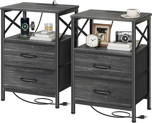 Huuger Nightstand Set of 2 with Charging Station, USB-C Port, End Tables | Night Stand with 2 Drawer Side Table with Open Shelf, Bedside Table for Small Spaces, X Shaped Side Rail, Charcoal Black