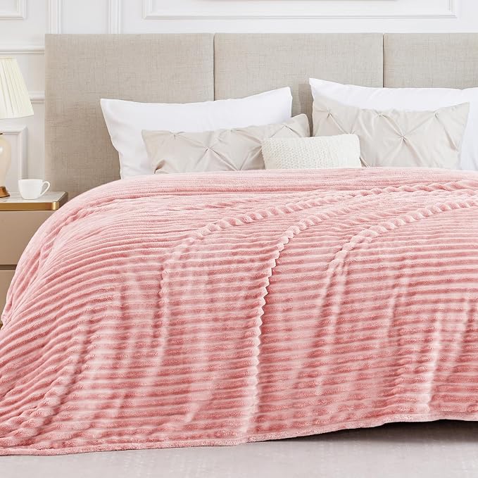 BEDELITE King Size Blanket for Bed, 300GSM Soft & Warm Fleece Blanket, Decorative and Giftable Striped Pink Blankets for Women, Men, 108"x90"