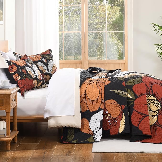 Andency California King Quilt, Cal King Oversized Black Floral Bedspread | 3 Pieces Brown Boho Summer Flower Botanical Summer Bedspreads with 2 Shams, Reversible Polyester for All Seasons, 112"x104"