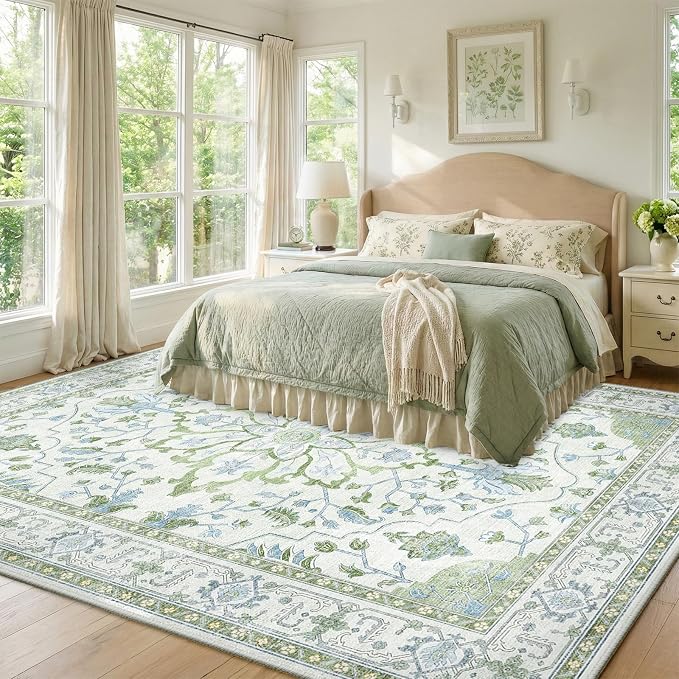 RELEANY Washable Area Rug, 8'x10', Green/White/Blue | Non-Slip, Water Repellent, Pet Friendly, Easy to Clean, Vintage Floral Boho Decor for Living Room Bedroom Dining Room