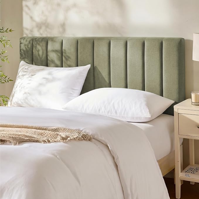 Hearth & Harbor Wall Mounted King Headboard Only, Bed Headboard King Size | Easy Assemble, Floating Peel & Stick, Upholstered Channel Stitched, 3D Wall Panels, 5 Strips of 3M Tape Included, Olive Green