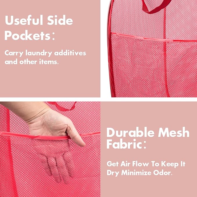 Pop Up Laundry Hamper, 70 L Collapsible Mesh Basket with Side Pocket, Red | Reinforced handles, breathable fabric, foldable, portable for dorm college travel camping cruise, dirty clothes, toys storage