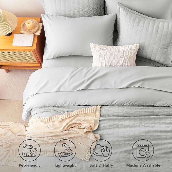 Oversized Queen Seersucker Comforter Set, Light Grey, 98 x 98 in | OEKO-TEX Certified, 7 Pieces Bed in a Bag with 240 GSM Down Alternative Comforter, Flat & Fitted Sheets, Pillowcases & Shams