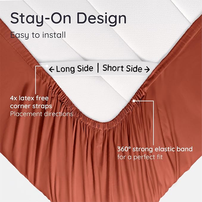 Bambaw 100% Viscose Derived from Bamboo Fitted Sheet Twin XL – Cooling Fitted Sheet Only, Soft & Breathable, Helps Reduce Night Sweats, with Corner Straps for Secure Fit All Night (Terracotta)
