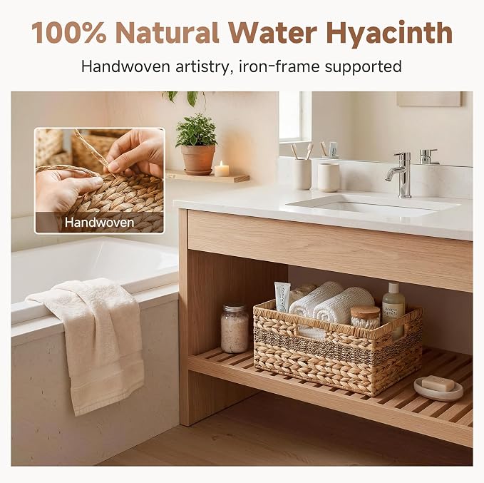 StorageWorks Jumbo Rectangular Wicker Basket, Water Hyacinth and Seagrass Storage Basket with Built-in Handles, 1 Pack | Woven Storage Baskets Water Hyacinth Seagrass, Large Seagrass Basket, Wicker Storage Baskets for Shelves, Woven Baskets