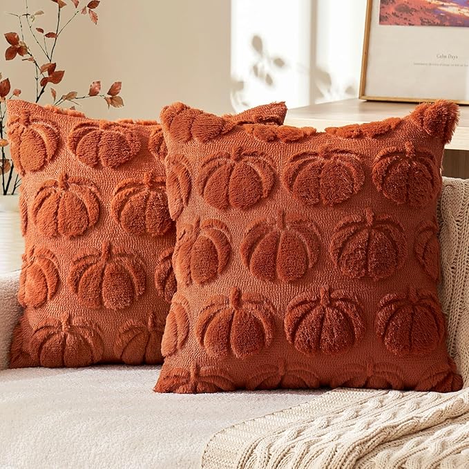 MIULEE Fall Pillow Covers Pumpkin Fall Decor 22x22 Rust | Set of 2 Fall Decorations for Home, Plush Faux Fur Farmhouse Accent Pillowcases, Porch Sofa Couch Cushion Bed Livingroom