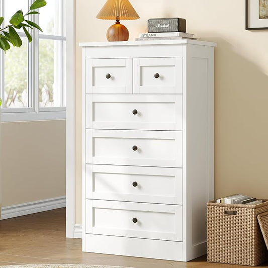 wanan Tall 6 Drawer Dresser for Bedroom, White Modern 43.3'' Tall Wood Chest of Drawers, Storage Organizer with Smooth Metal Rails & Anti-Tip Kit for Closet, Hallway, Living Room