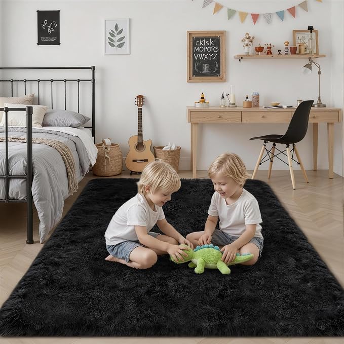9x12 Area Rug Living Room Bedroom: Fluffy Plush Shag Carpet Black | For Kids Room Playroom Nursery Home Decor,Ultra Soft,Non-Slip Non-Shedding,Fuzzy Plush,Large Indoor Floor Carpet,Easy Clean