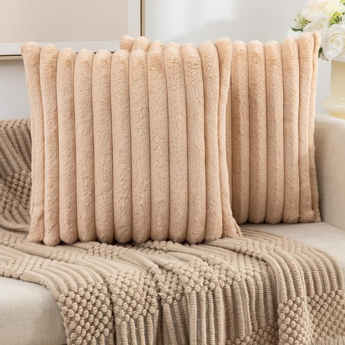 ZLINA Apricot Striped Faux Fur Throw Pillow Covers 18 x 18 Inch | 2‑Pack, boho striped pillow covers,velvet back,fuzzy plush cushion covers , for sofa bed livingroom home decor