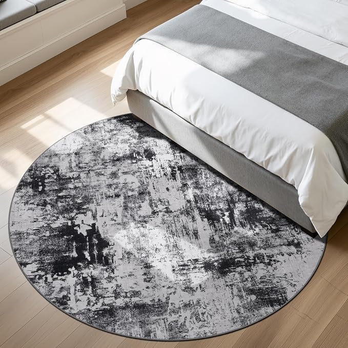 Rugflix Round Area Rugs 8Ft for Living Room, Washable Black Grey Circle Rug | Machine Washable; Stain-Resistant; Low Pile; Non-Slip; Modern Abstract; Carpet for Bedroom Dining Office Nursery Home