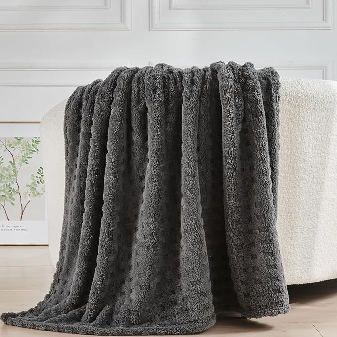 NEWCOSPLAY 3D Waffle Checkered Flannel Twin Blanket, Dark Grey, 60"x80" | Super Soft Cute Lightweight Decorative Premium Silky Fleece Blanket for Couch Sofa Bed, Gift for Women Men, All Season Use
