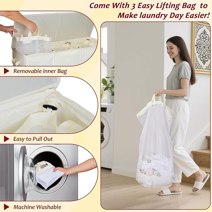 135L Laundry Hamper 2 Section, Large Laundry Hamper with Lid, Dirty Clothes Hamper with 2 Removable Inner Bags, Collapsible Laundry Basket Organizer for for Clothes Toys Towels, Hamper 2 Compartment