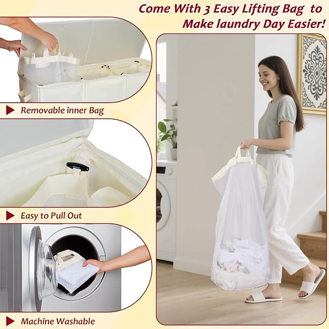 195L Laundry Hamper 3 Section,Large Laundry Hamper with Lid,Dirty Clothes Hamper with 3 Inner Bags,Collapsible Laundry Basket Organizer for Laundry Room,Bedroom,Laundry Sorter Hamper 3 Compartment