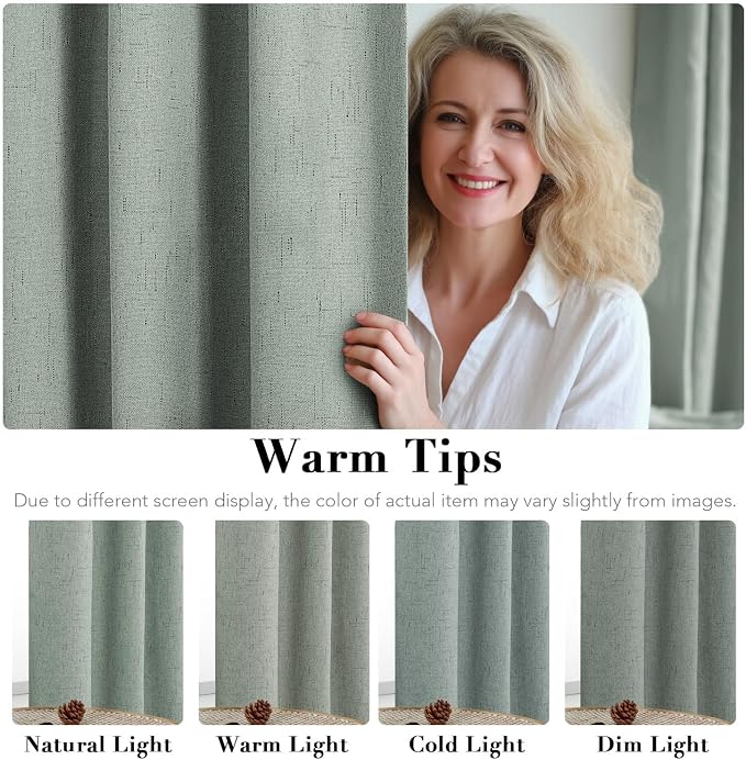 H.VERSAILTEX Linen Curtains 100% Blackout Curtains for Bedroom 102 inch Long Full Light Blocking Nature Linen Blended Window Curtains for Living Room Nickel Grommet (2 Panels, Green Bay)