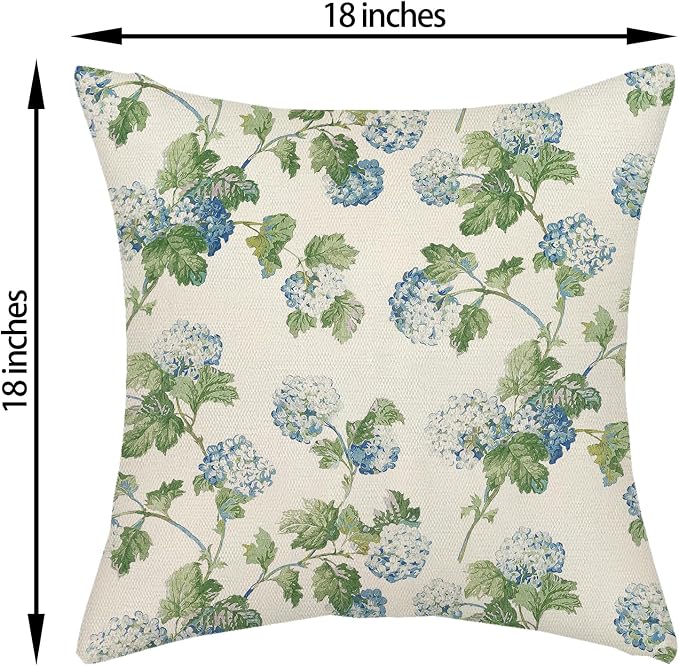 Blue Green Floral Pillow Covers 18x18 Inch 2 Pcs Vintage Flower Decor Throw Pillows Hydrangea Seasonal Spring Summer Outdoor Farmhouse Decoration Pillowcase Linen Cushion Cover for Couch Sofa Bed