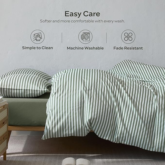 JELLYMONI 100% Cotton Printed Striped Queen Duvet Cover Set, Green | Breathable and Soft, Classic Stripes, 8 Corner Ties & Double-Head Hidden Zipper, For Master or Guest Bedroom