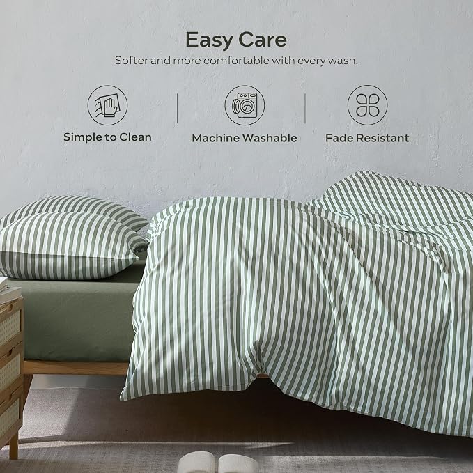 JELLYMONI 100% Cotton Printed Striped TwinXL Duvet Cover Set, Green | Breathable and Soft, Classic Stripes, 8 Corner Ties & Double-Head Hidden Zipper, For Kids or College Dorm