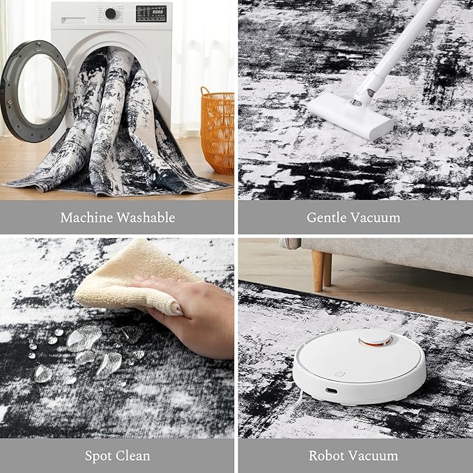 Rugflix 9x12 Area Rugs for Living Room, Washable Black Grey Dark Large Rug | Machine Washable; Stain-Resistant; Low Pile; Non-Slip; Modern Abstract; Carpet for Bedroom Dining Office Nursery Home