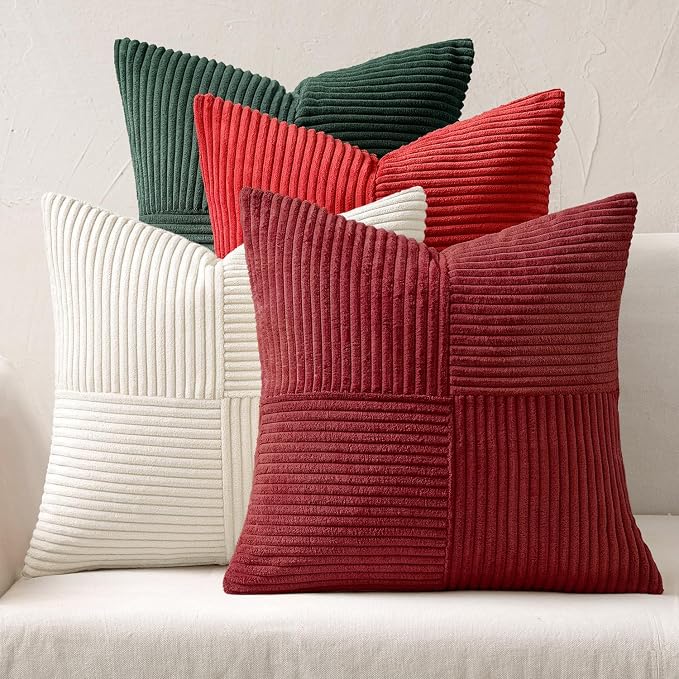 MIULEE Boho Christmas Red Decorative Throw Pillow Covers 18x18 Set of 4 Farmhouse Cushion Covers Color-Clash Corduroy Pillow Cases Modern Soft Corduroy Patchwork Home Decor for Couch Sofa Bedroom
