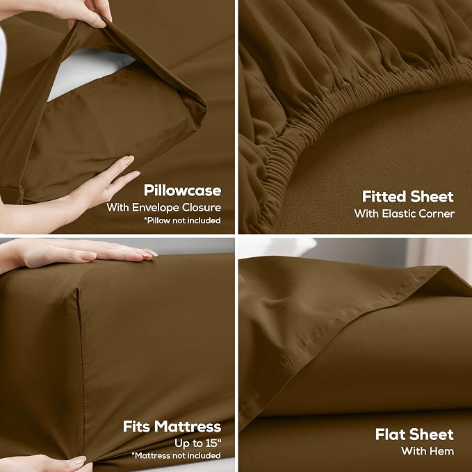 Full Sheets Set, 4 Pieces 16" Deep Pocket Hotel Luxury Bed Sheets, Mocha | Extra Soft Bedsheet Set, Comfy & Breathable Cooling Sheets, Wrinkle & Fade Resistant, Fitted Sheet, Flat Sheet, 2 Pillowcases